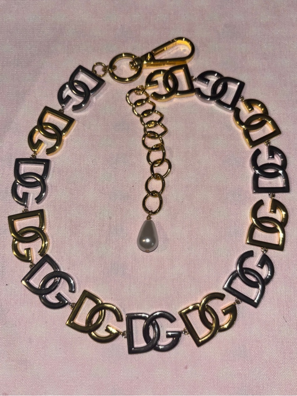 Dolce & GabbanaGold and Silver Tone Interlocking D Link Necklace with Pearl Drop